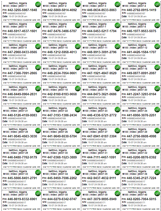 glo recharge cards sample pri9mobile recharge cards sample printed with netdivo recharge card printing softwarented with netdivo epin manager software