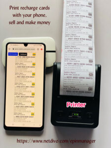 You can print recharge cards with bluetooth printer via netdivo epin manager portal.